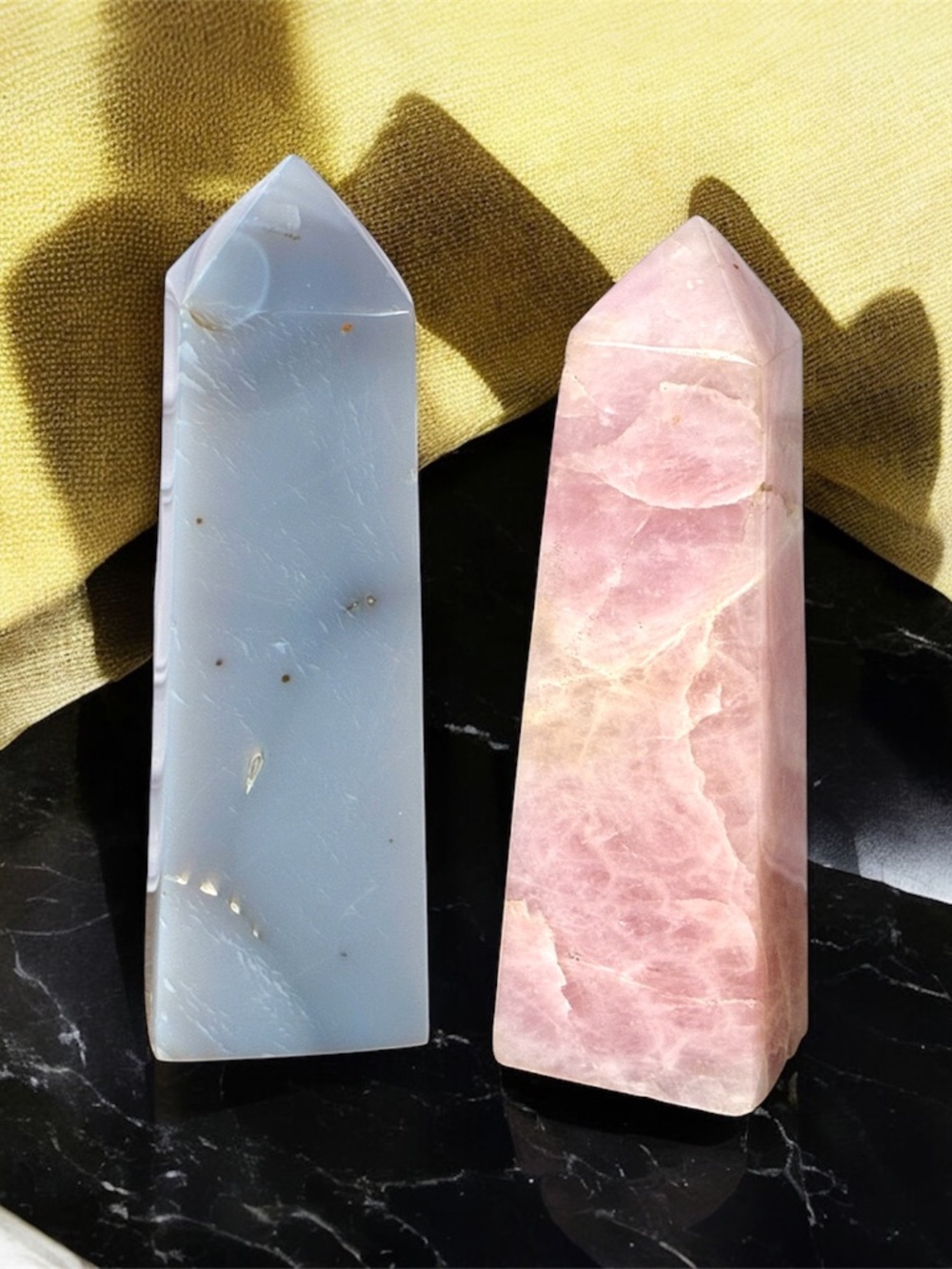 Rose Quartz Blue Chalcedony Moss Agate Crystal Towers • Pastel Collector Display